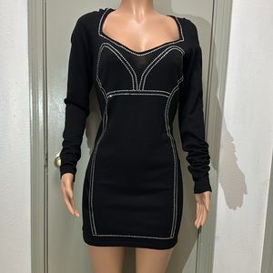 Say What Stretch Black Bodycon Evening Long Sleeve Cocktail Dress  Rhineston New